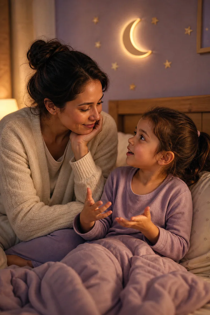 Madre y niña conversando bajo una luna creciente