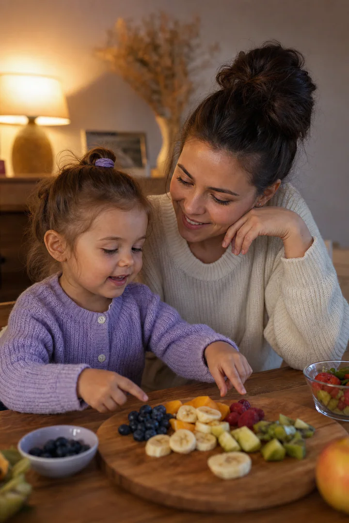 Niña explorando alimentos durante una comida