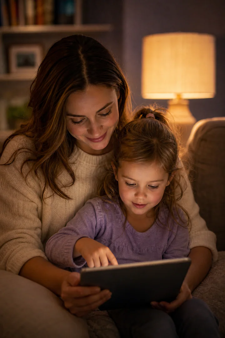 Madre acompañando a su hija mientras usa una tableta