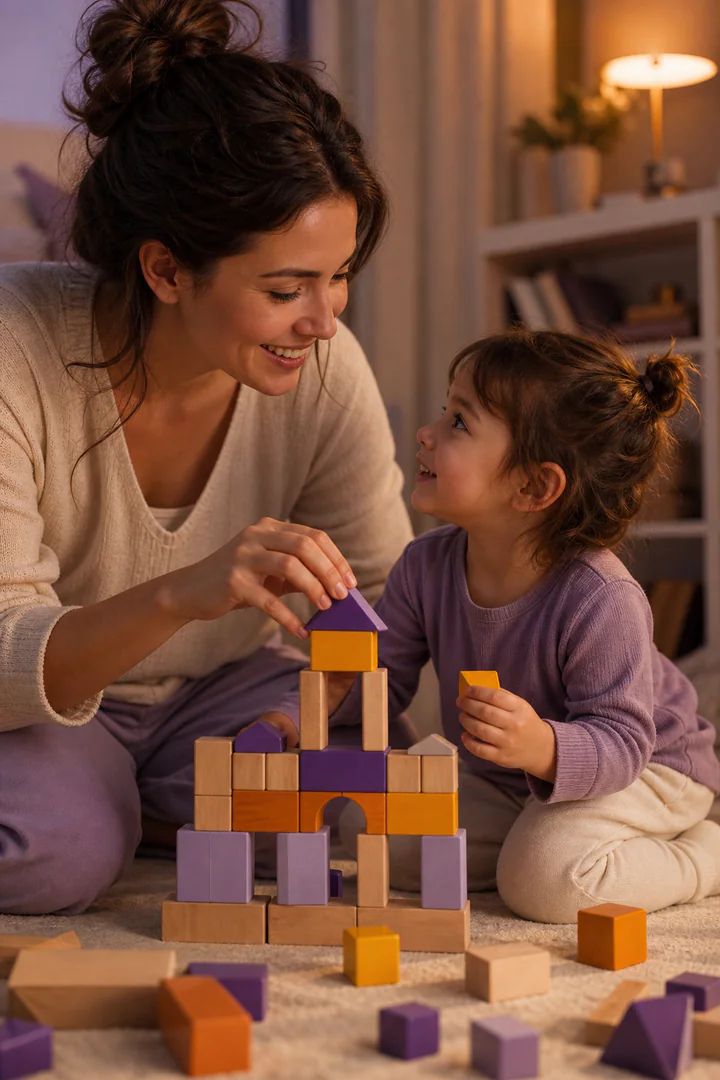 Madre e hija construyendo juntas con bloques